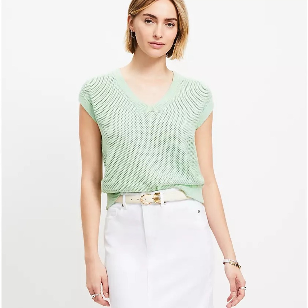 Loft v neck wedge stitchy short sleeve sweater sprucestone green size medium
